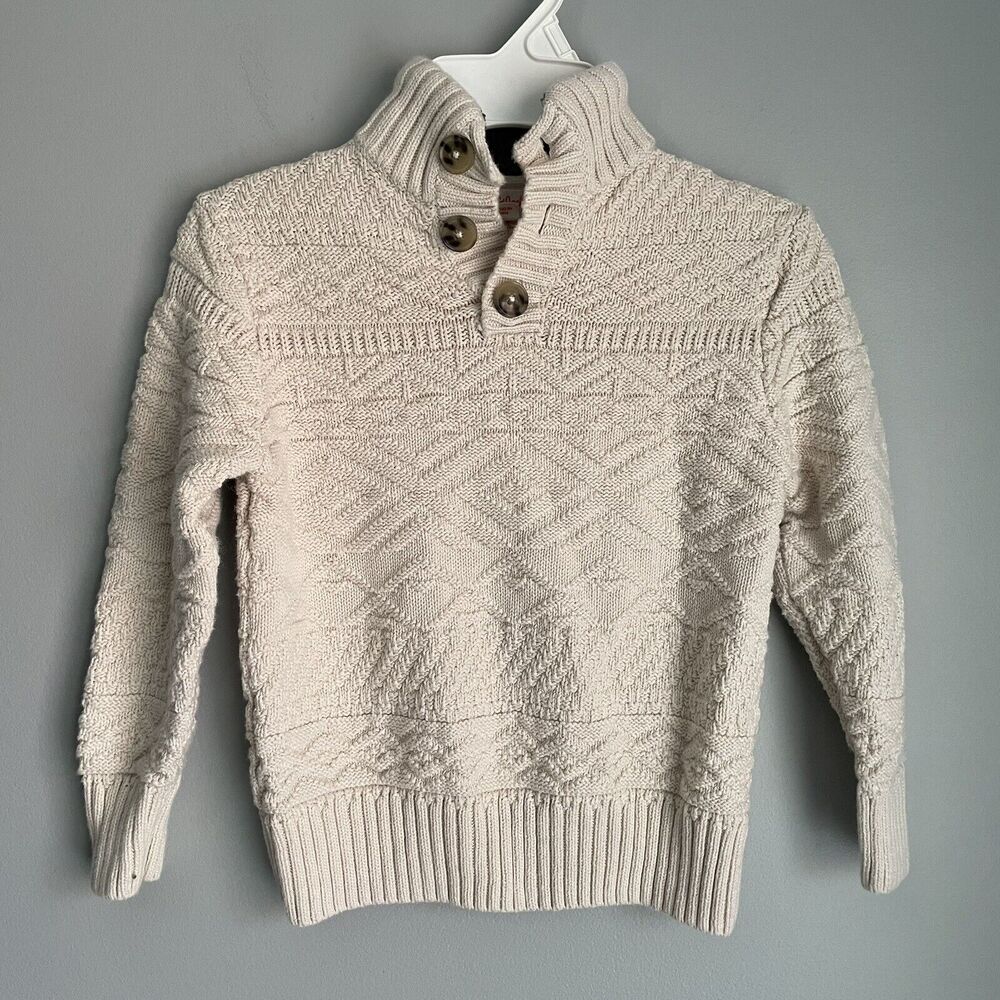 Cat and Jack Mock Neck Cable Knit Sweater Size 4/5 Cream 3 Button Holiday Ski